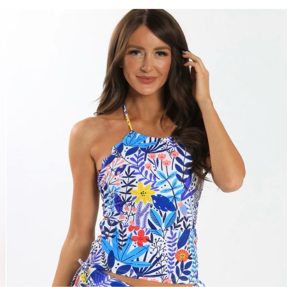 Rad Swim Hallie Seascape Floral Tankini Top Purple Blue Ruched Size Large L